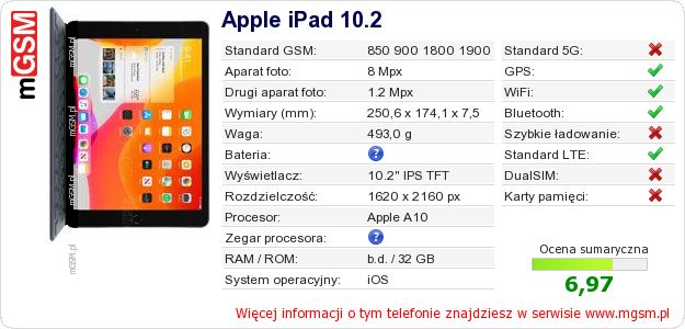 Dane telefonu Apple iPad 10.2