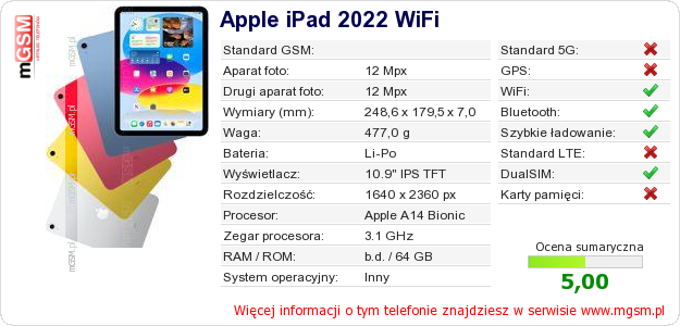 Dane telefonu Apple iPad 2022 WiFi