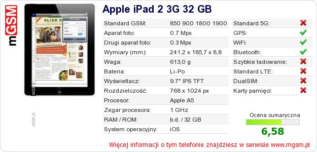 Dane telefonu Apple iPad 2 3G 32 GB