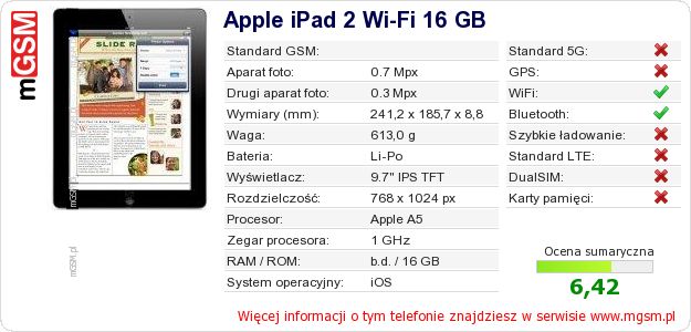 Dane telefonu Apple iPad 2 Wi-Fi 16 GB