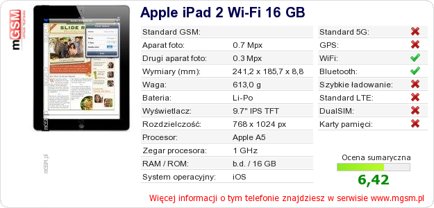 Dane telefonu Apple iPad 2 Wi-Fi 16 GB