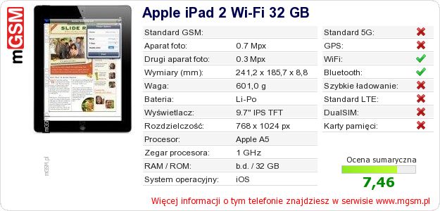 Dane telefonu Apple iPad 2 Wi-Fi 32 GB Dane telefonu Apple iPad 2 Wi-Fi 32 GB