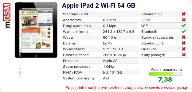 Dane telefonu Apple iPad 2 Wi-Fi 64 GB Dane telefonu Apple iPad 2 Wi-Fi 64 GB