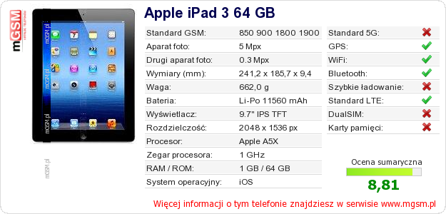 Dane telefonu Apple iPad 3 64 GB