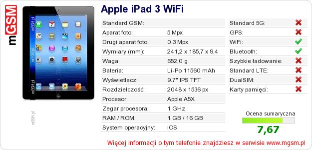 Dane telefonu Apple iPad 3 WiFi Dane telefonu Apple iPad 3 WiFi