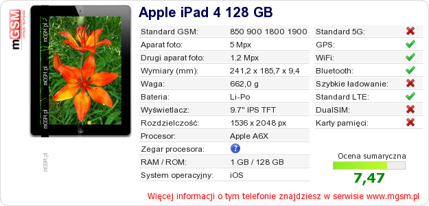 Dane telefonu Apple iPad 4 128 GB