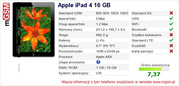 Dane telefonu Apple iPad 4 16 GB Dane telefonu Apple iPad 4 16 GB
