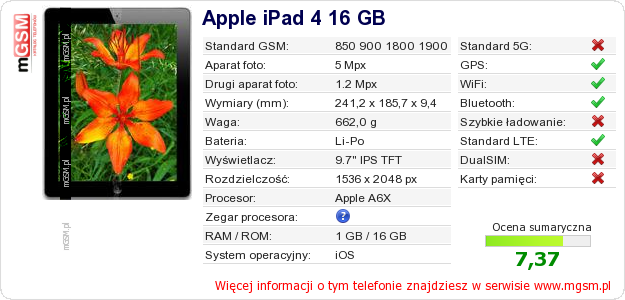 Dane telefonu Apple iPad 4 16 GB