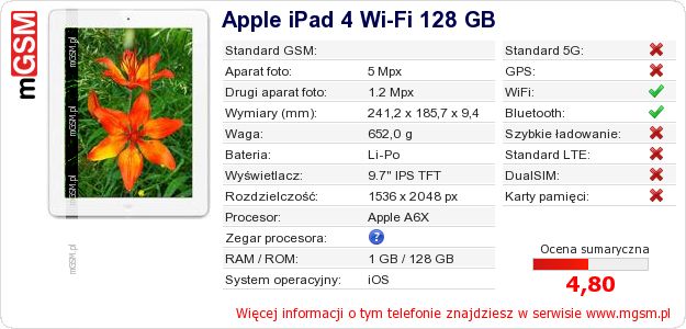 Dane telefonu Apple iPad 4 Wi-Fi 128 GB