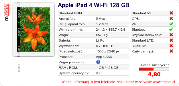 Dane telefonu Apple iPad 4 Wi-Fi 128 GB