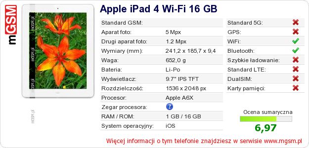 Dane telefonu Apple iPad 4 Wi-Fi 16 GB
