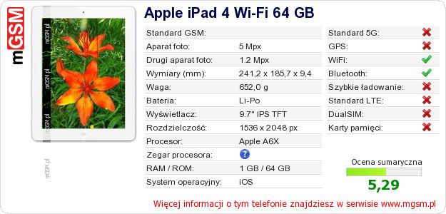 Dane telefonu Apple iPad 4 Wi-Fi 64 GB