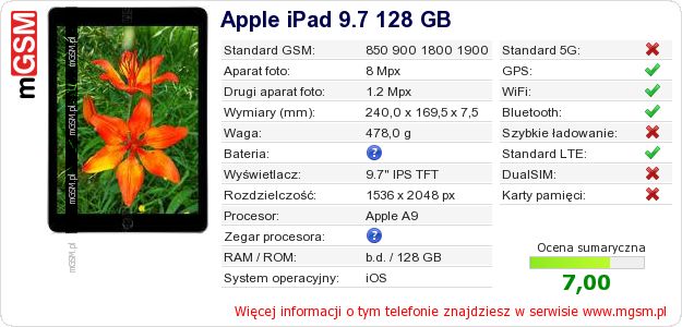 Dane telefonu Apple iPad 9.7 128 GB