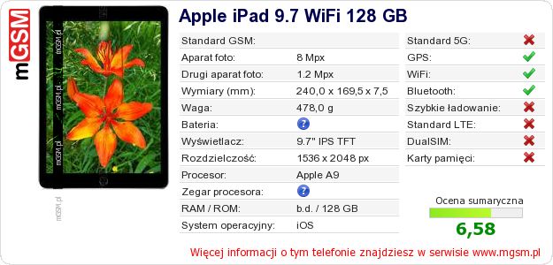 Dane telefonu Apple iPad 9.7 WiFi 128 GB Dane telefonu Apple iPad 9.7 WiFi 128 GB