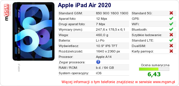 Dane telefonu Apple iPad Air 2020