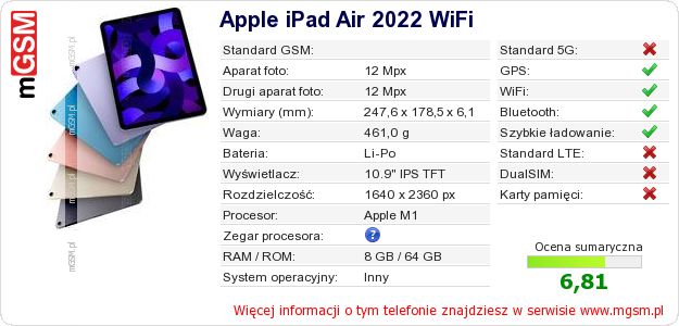 Dane telefonu Apple iPad Air 2022 WiFi