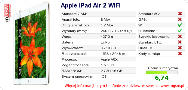 Dane telefonu Apple iPad Air 2 WiFi