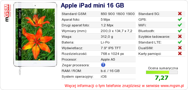 Dane telefonu Apple iPad mini 16 GB