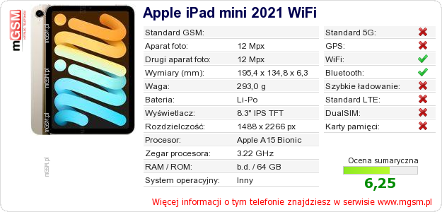 Dane telefonu Apple iPad mini 2021 WiFi