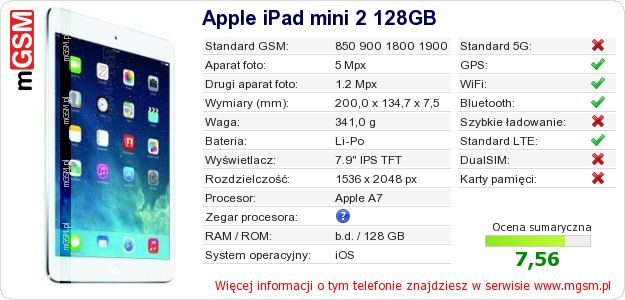 Dane telefonu Apple iPad mini 2 128GB