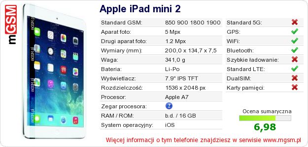 Dane telefonu Apple iPad mini 2 Dane telefonu Apple iPad mini 2