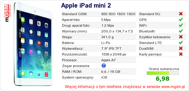 Dane telefonu Apple iPad mini 2