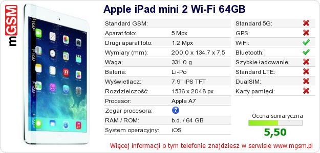 Dane telefonu Apple iPad mini 2 Wi-Fi 64GB Dane telefonu Apple iPad mini 2 Wi-Fi 64GB