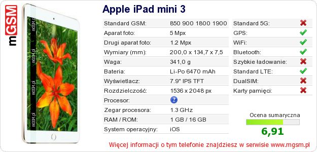 Dane telefonu Apple iPad mini 3 Dane telefonu Apple iPad mini 3