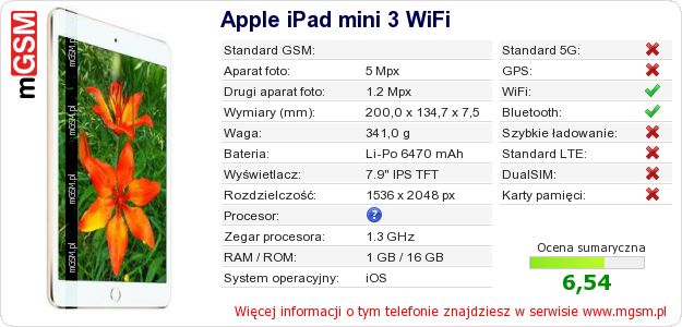 Dane telefonu Apple iPad mini 3 WiFi Dane telefonu Apple iPad mini 3 WiFi