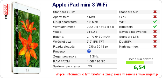 Dane telefonu Apple iPad mini 3 WiFi