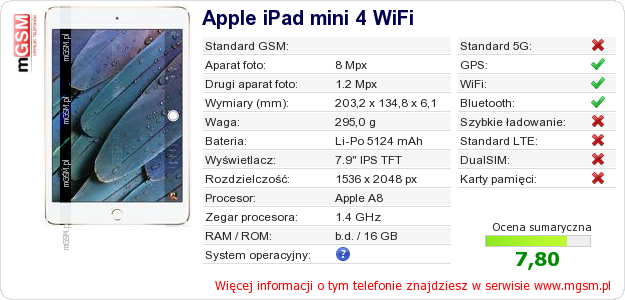 Dane telefonu Apple iPad mini 4 WiFi