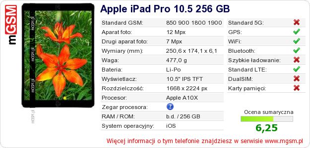 Dane telefonu Apple iPad Pro 10.5 256 GB Dane telefonu Apple iPad Pro 10.5 256 GB