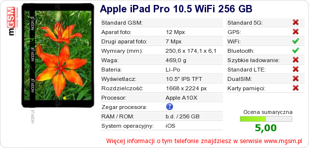 Dane telefonu Apple iPad Pro 10.5 WiFi 256 GB