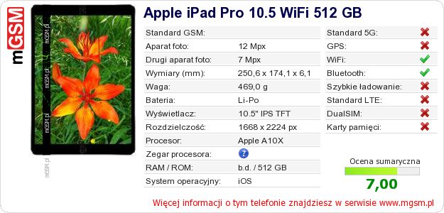 Dane telefonu Apple iPad Pro 10.5 WiFi 512 GB