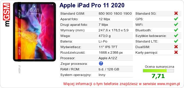 Dane telefonu Apple iPad Pro 11 2020 Dane telefonu Apple iPad Pro 11 2020