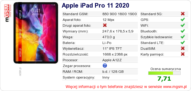 Dane telefonu Apple iPad Pro 11 2020
