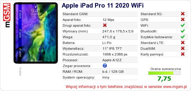 Dane telefonu Apple iPad Pro 11 2020 WiFi