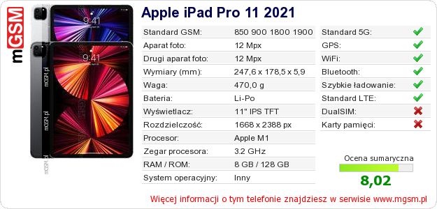 Dane telefonu Apple iPad Pro 11 2021