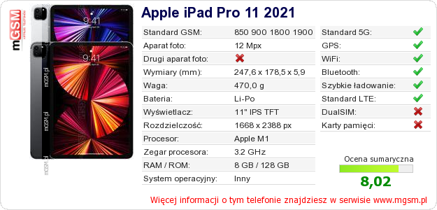 Dane telefonu Apple iPad Pro 11 2021 Dane telefonu Apple iPad Pro 11 2021