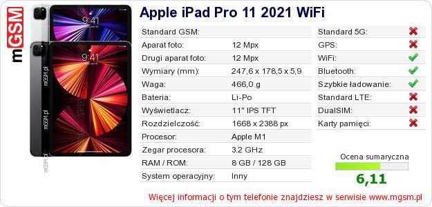 Dane telefonu Apple iPad Pro 11 2021 WiFi