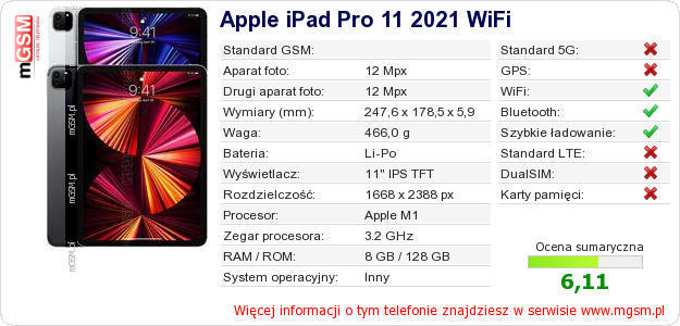 Dane telefonu Apple iPad Pro 11 2021 WiFi