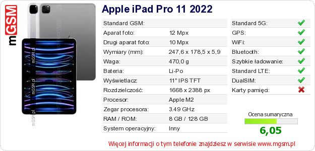 Dane telefonu Apple iPad Pro 11 2022 Dane telefonu Apple iPad Pro 11 2022