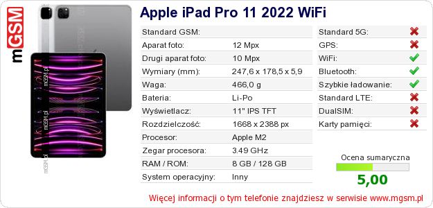 Dane telefonu Apple iPad Pro 11 2022 WiFi Dane telefonu Apple iPad Pro 11 2022 WiFi