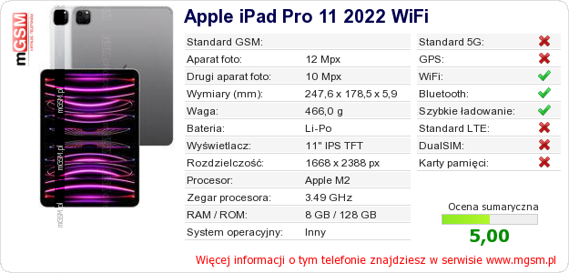 Dane telefonu Apple iPad Pro 11 2022 WiFi