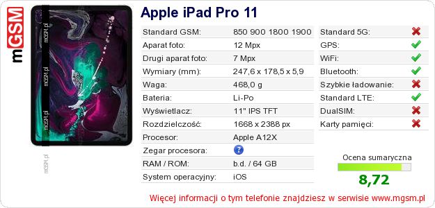 Dane telefonu Apple iPad Pro 11 Dane telefonu Apple iPad Pro 11