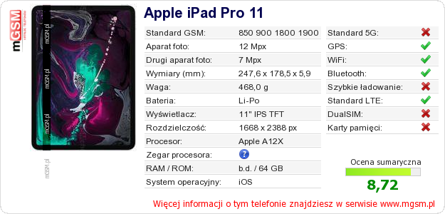 Dane telefonu Apple iPad Pro 11