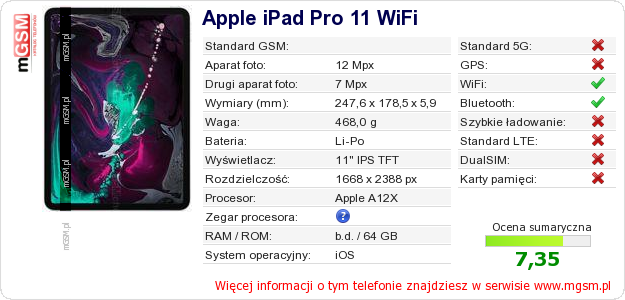 Dane telefonu Apple iPad Pro 11 WiFi