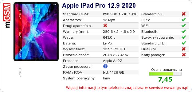 Dane telefonu Apple iPad Pro 12.9 2020