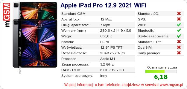 Dane telefonu Apple iPad Pro 12.9 2021 WiFi