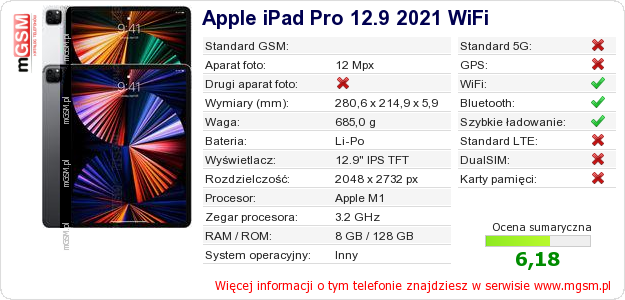 Dane telefonu Apple iPad Pro 12.9 2021 WiFi